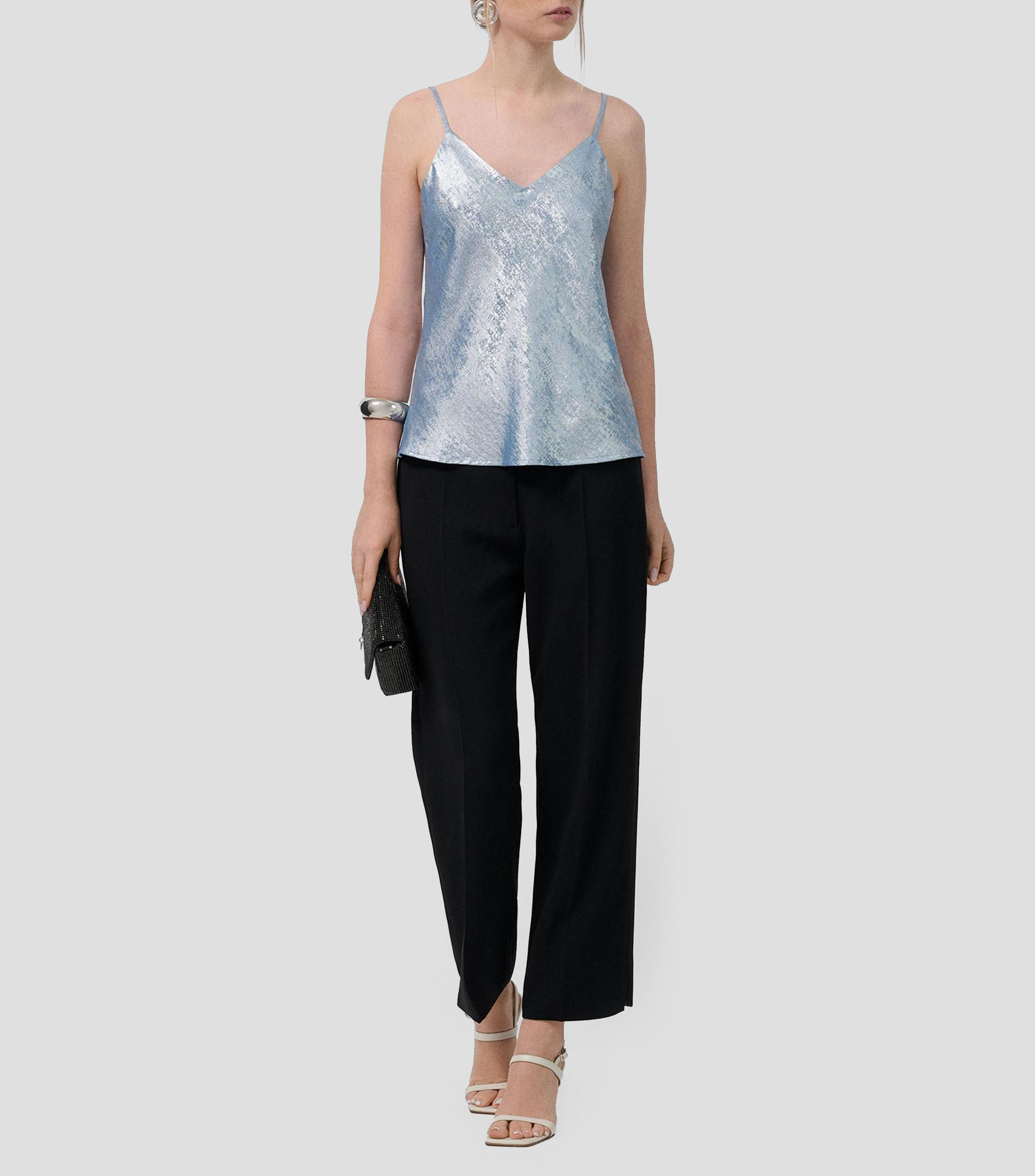 Top cuello V sin mangas metalizada Mujer